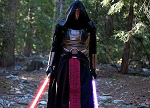 Darth Revan cosplay dual wielding lightsabers